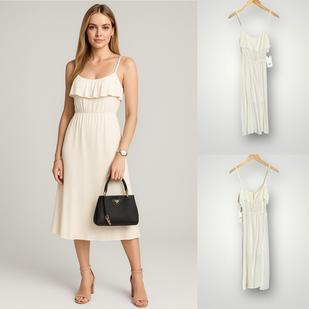 Leith | Midi Spaghetti Strap Midi Dress Elastic Waist Pleated Draped Trim Ivory